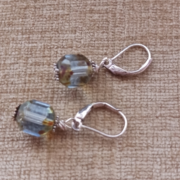Silver Leverback Beveled Denim Brown Glass Beaded Dangle Earrings - Picture 5 of 12